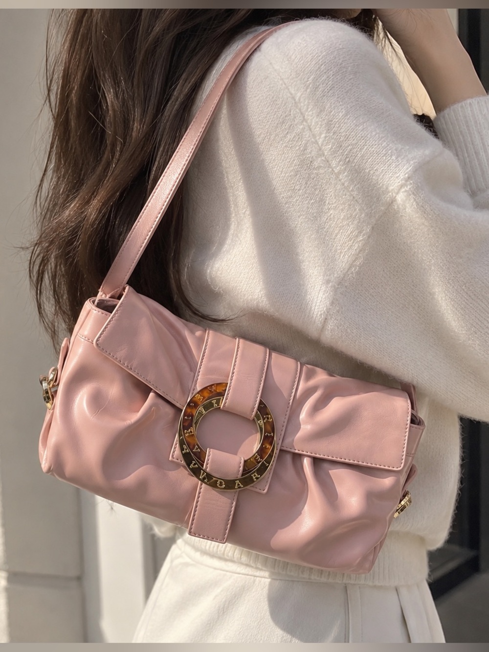 Authentic BVLGARI Pink Leather Shoulder Bag